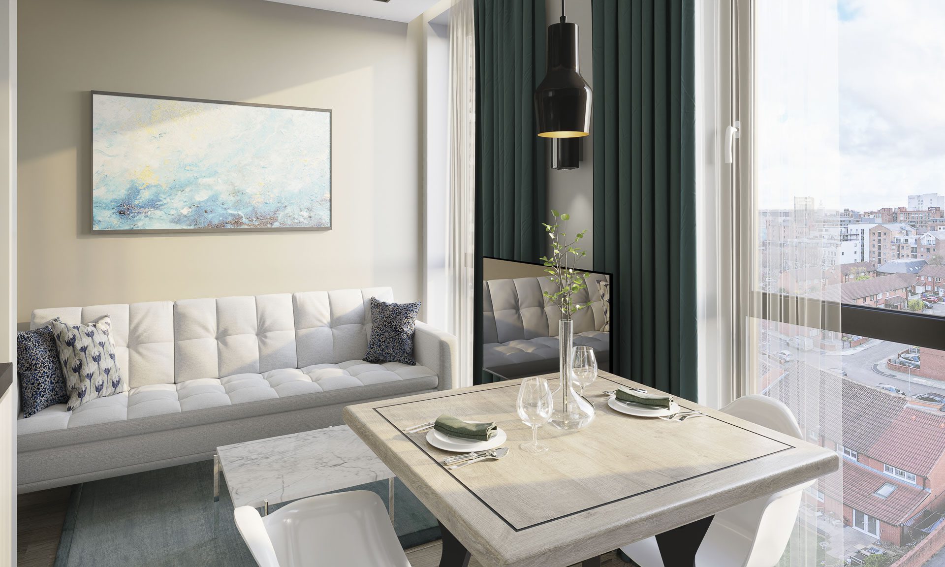 Stylish living room in Rice Works, serviced apartments in Liverpool available for investment