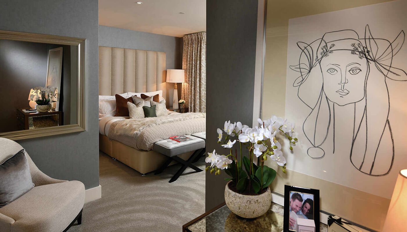 Bedroom interior in Centrum Court London development showing bed and other furnishings