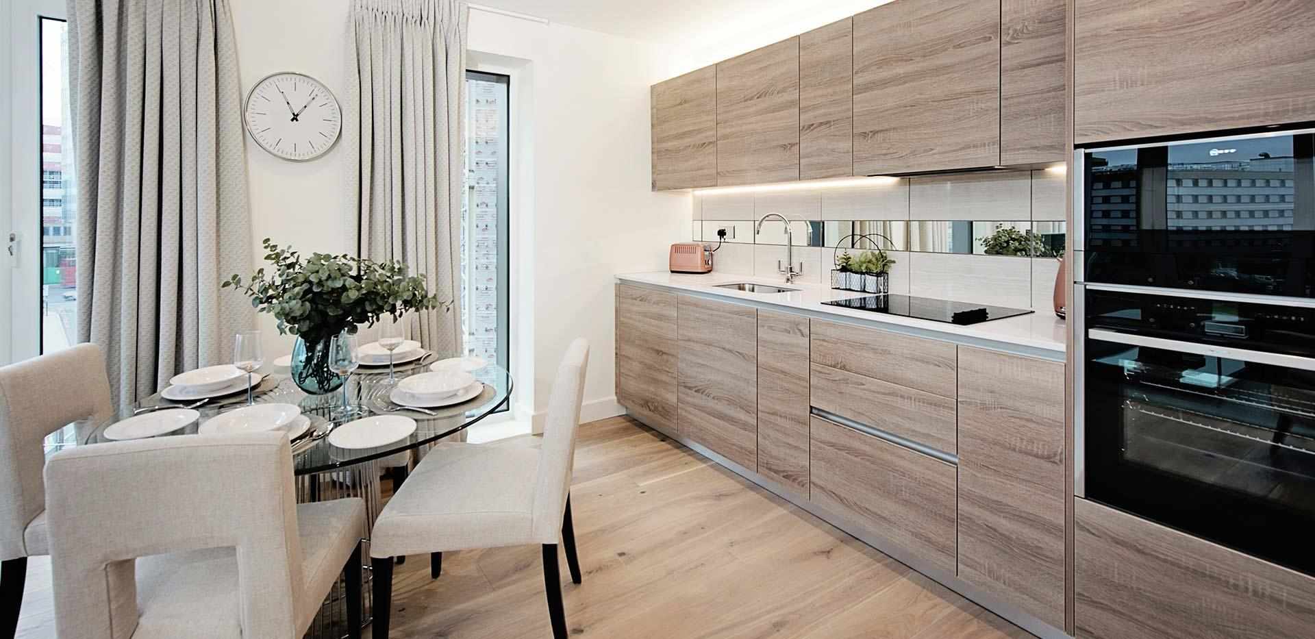 Interior of kitchen-dining room in West Quay Royal Arsenal property in London