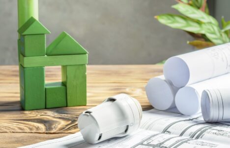 Thermostatic Head Valve for Radiator Heater and green house of cubes on wooden background Heating Project Heat Supply Building Concept idea of ECO sustainability and Energy saving.