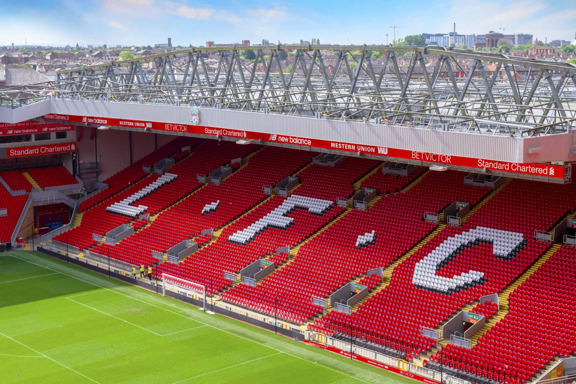LIVERPOOL, UNITED KINGDOM - MAY 17 2018: Anfield stadium, the home ground of Liverpool FC which has a seating capacity of 54,074 making it the sixth largest football stadium in England