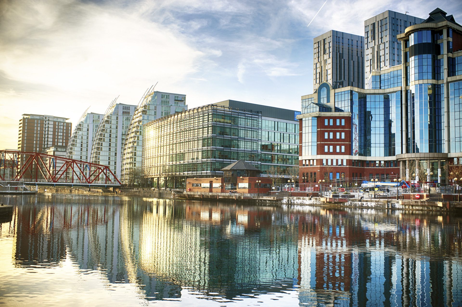 View on the river bridge of Manchester Ship Canal in Salford and Trafford, MediaCityUK property and facilities.