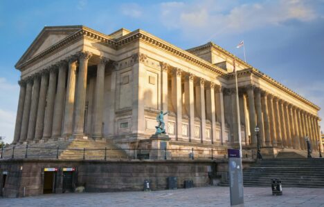Liverpool, UK - May 17 2018: St George's Hall designed by Harvey Lonsdale Elmes, contains concert halls and law courts, opened in 1854 and it's on the list of National Heritage List for England