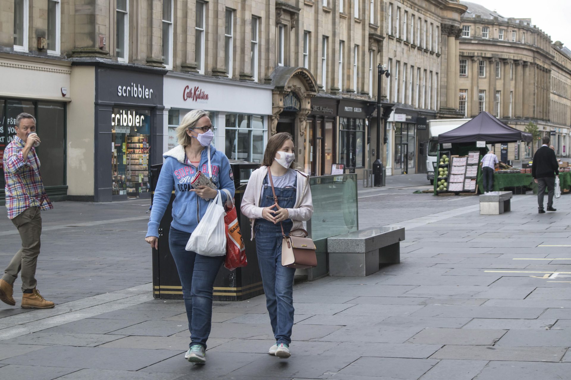 People walk on the street with face masks during covid