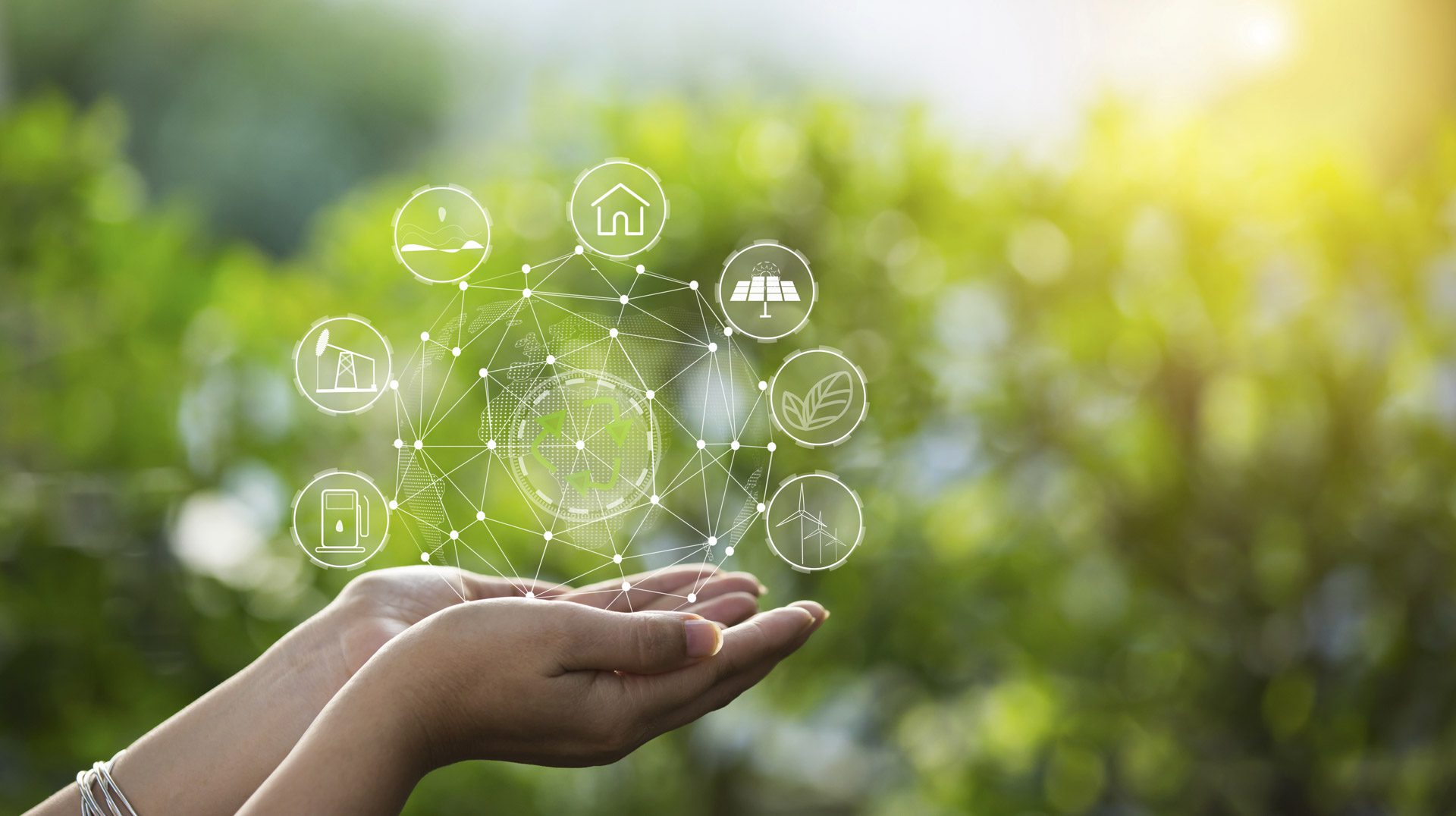 Technology, hand holding with environment Icons over the Network connection on green background.