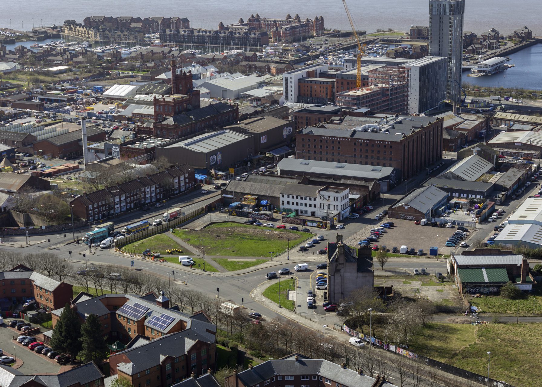 Aerial daytime view of Liverpool Baltic Triangle, a successful regeneration zone and property hotspot