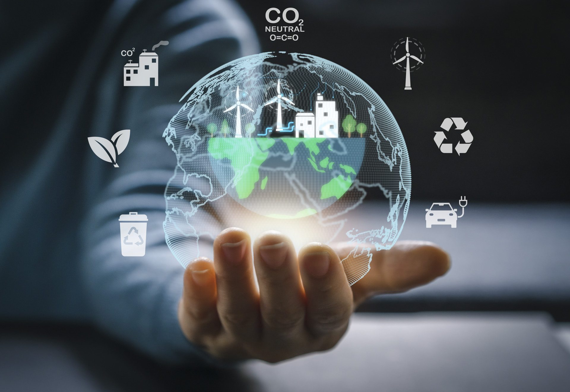 Hand holding global saving clean energy earth, save the world, environment, green, eco friendly, net zero, ESG, ecology, CO2, carbon dioxide, carbon footprint.campaign save the earth, earth Day