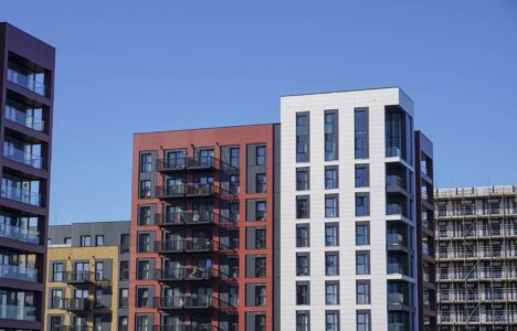 new residential development. exterior of high rise flats in UK city. Property market housing