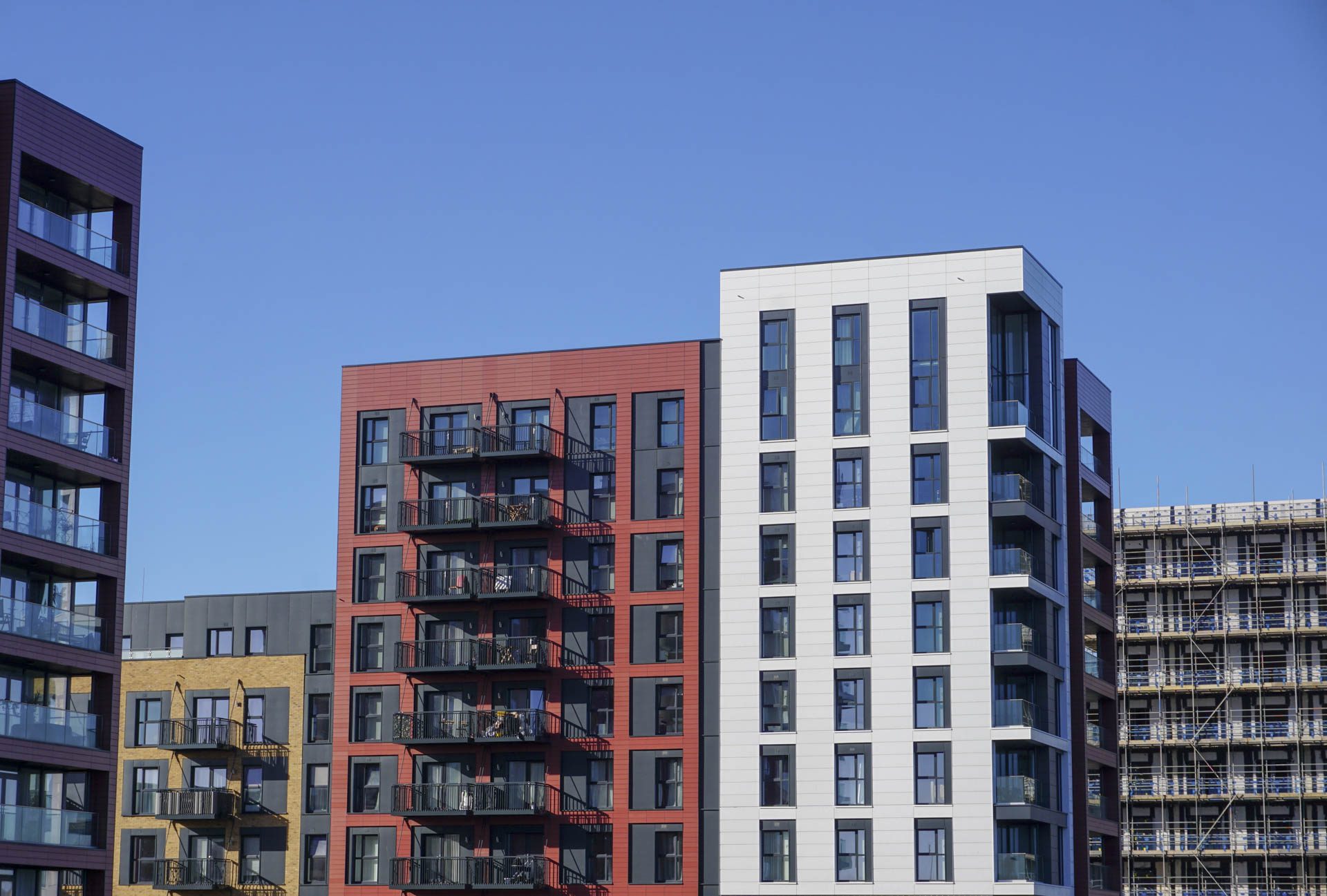 new residential development. exterior of high rise flats in UK city. Property market housing