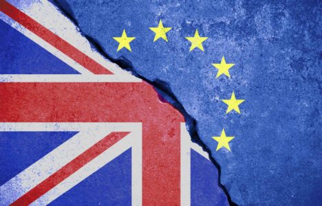 Half UK flag and half EU flag