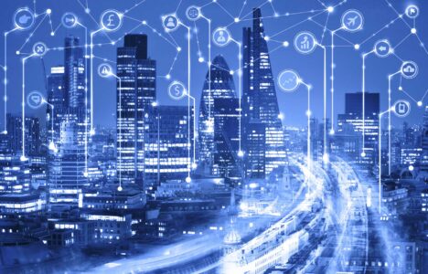 City of London at sunset and business network connections concept illustration with lots of business icons. Technology, transformation and innovation idea.