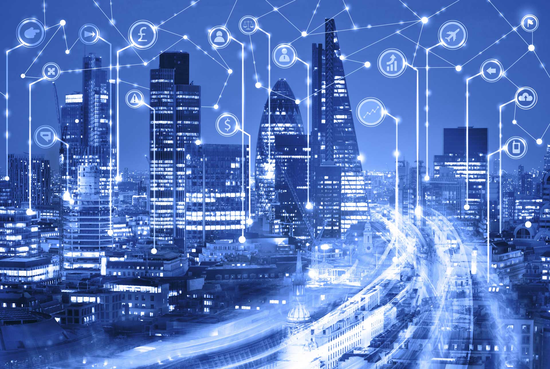 City of London at sunset and business network connections concept illustration with lots of business icons. Technology, transformation and innovation idea.