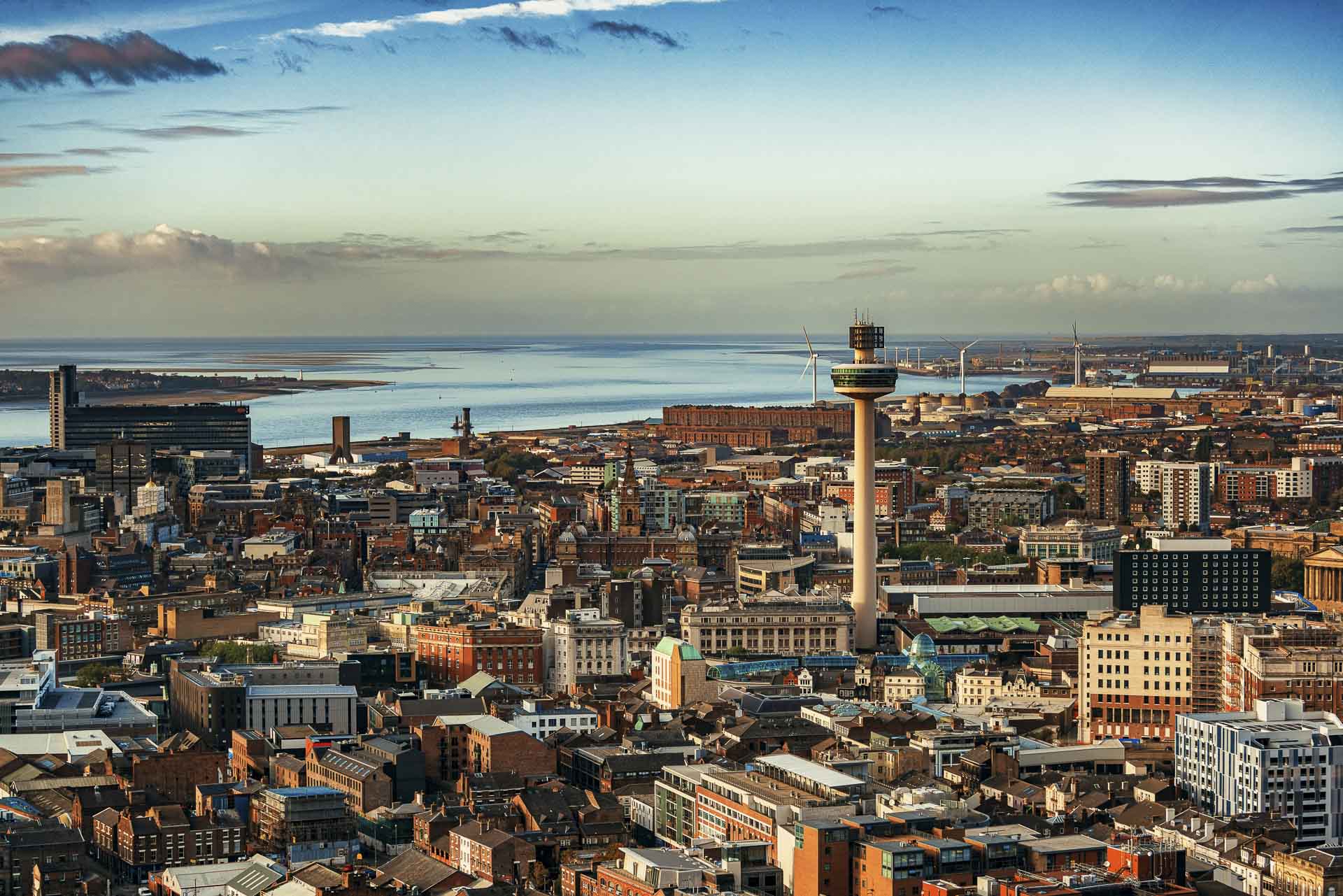 Liverpool city centre aerial view of buildings and sky