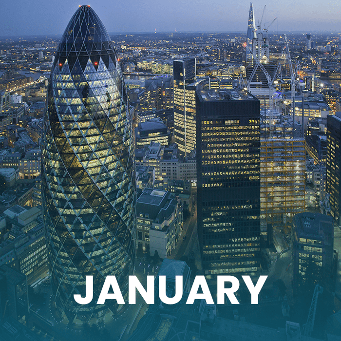 An aerial view of London's skyline at night. The word "January" is superimposed across the bottom of the image.
