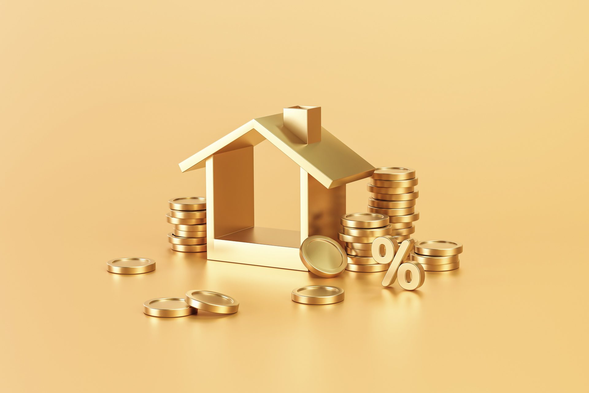 Golden house surrounded by coins and percentage sign representing property investment money and growth