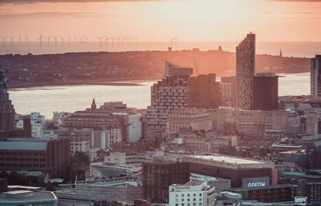 Aerial view of Liverpool in the evening.