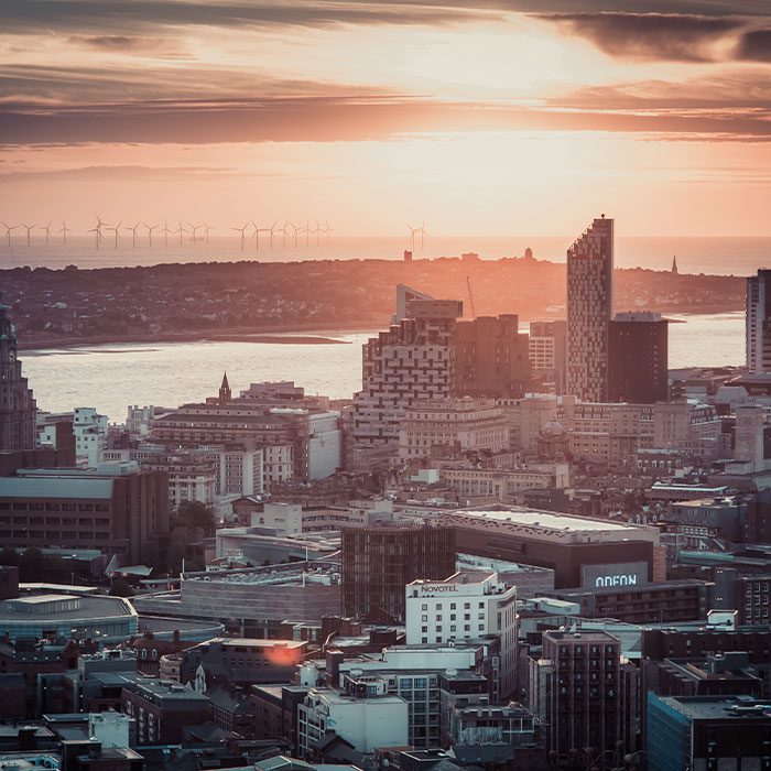 Aerial view of Liverpool in the evening.