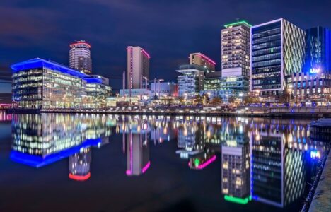 Manchester waterfront view at night
