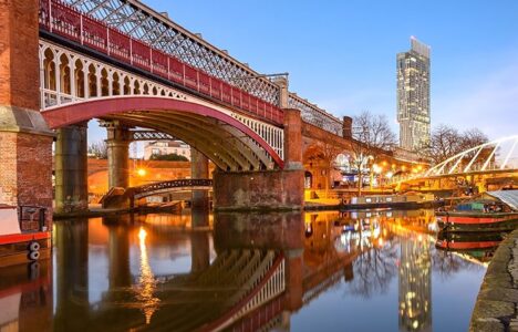 Manchester view showing canal and cityscape