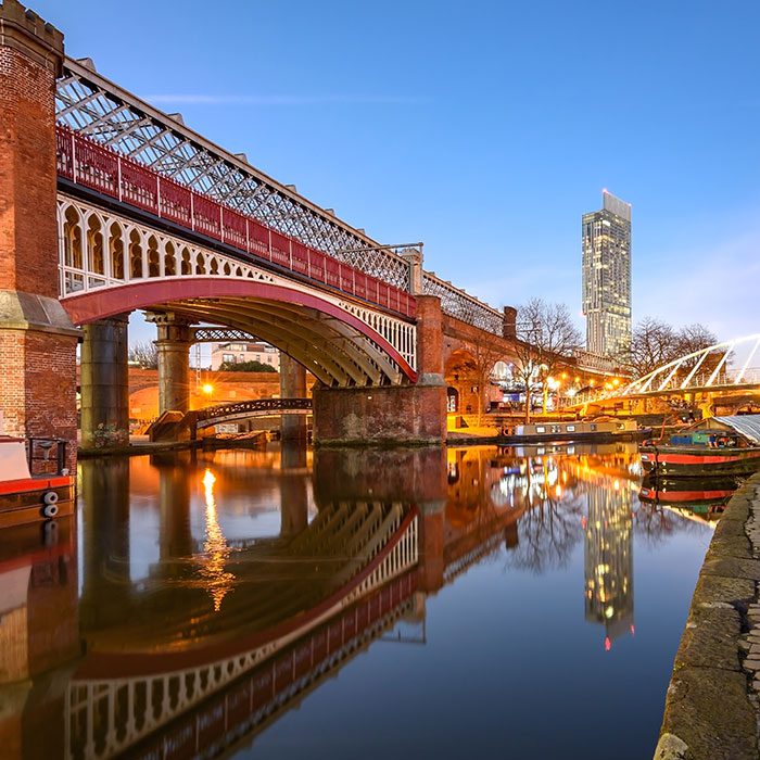 Manchester view showing canal and cityscape
