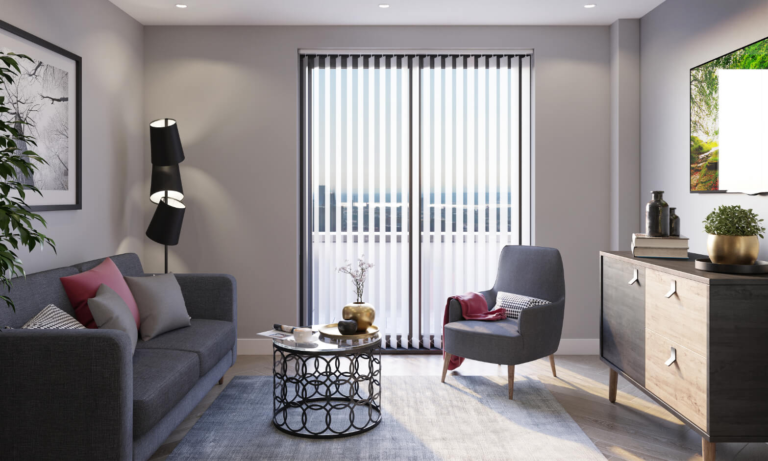 Apartment living room interior with grey furniture and floor to ceiling window