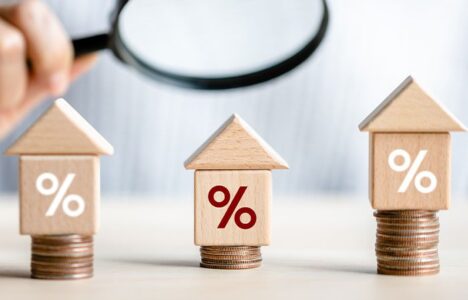 women customer using magnifying glass finding to interest rate home is minimum, affordable alternative price, mortgage home, financial and investment concept.