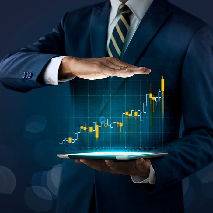 Man holding his hand above a hologram