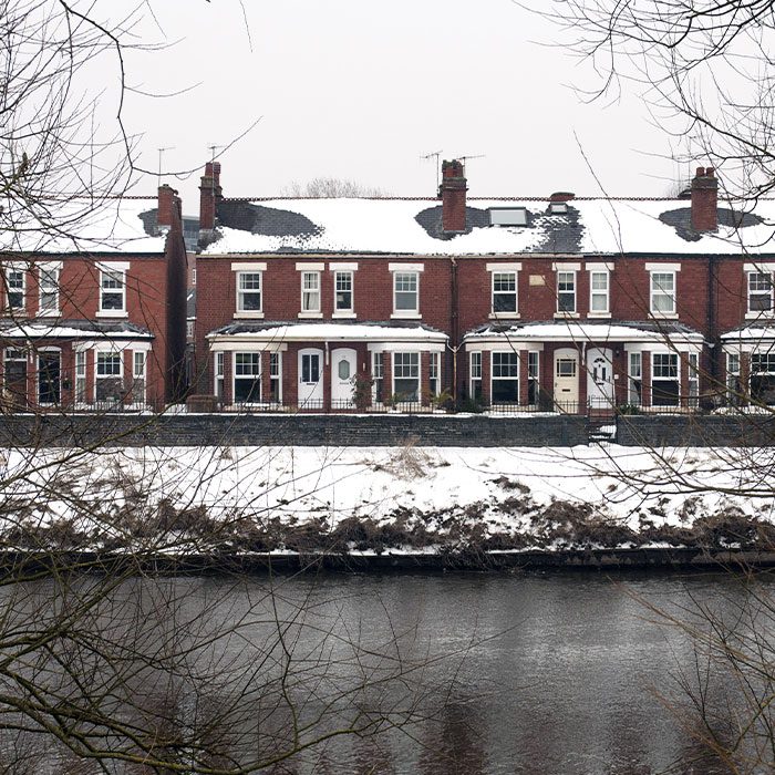 A fabulous view of traditional English terraces houses/properties covered by the snow during the winter season. Worcester, United Kingdom, UK. The beast of the East storm.