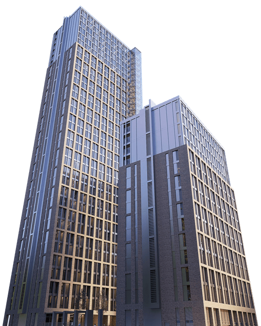 Exterior of Embankment Exchange development in Manchester showing two residential towers