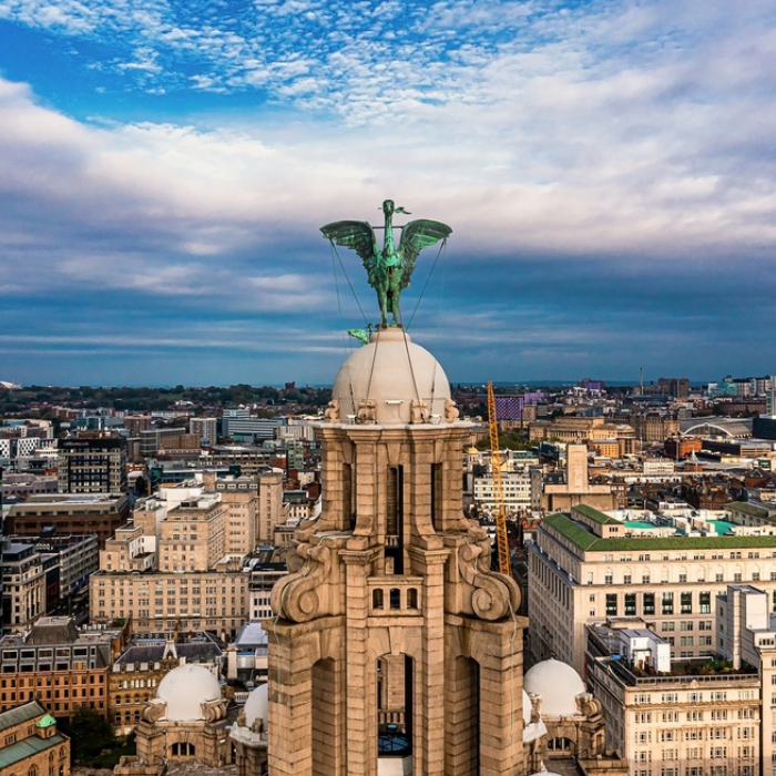 The iconic Liver Building in Liverpool, with its two Liver Birds perched atop the domes, overlooking the city skyline.