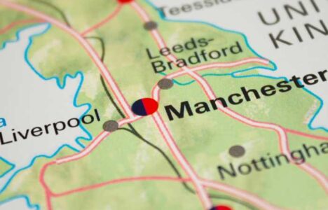 Map of the United Kingdom with a focus on Liverpool and Manchester