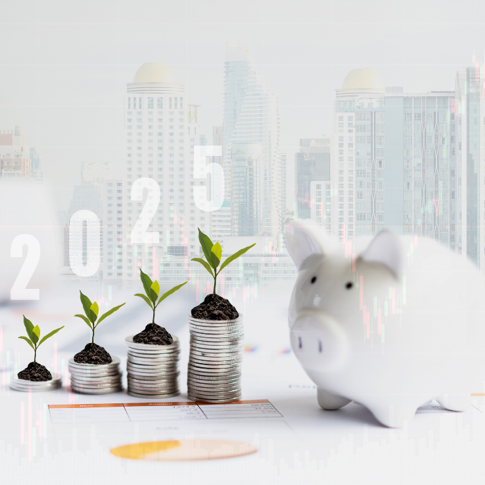 Piggy bank next to a row of coins representing saving and investment growth