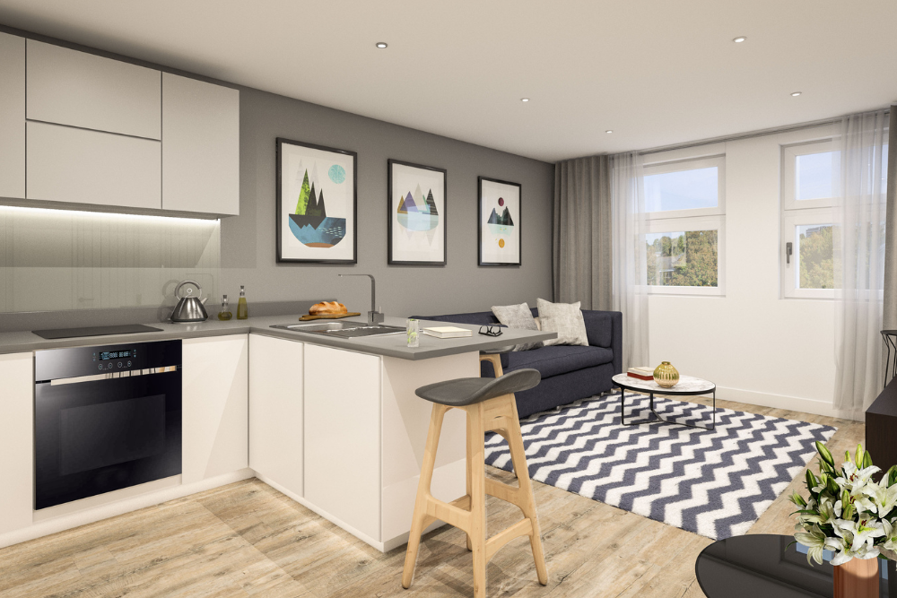 CGI image of the kitchen in Dolphin Bridge House development, Uxbridge