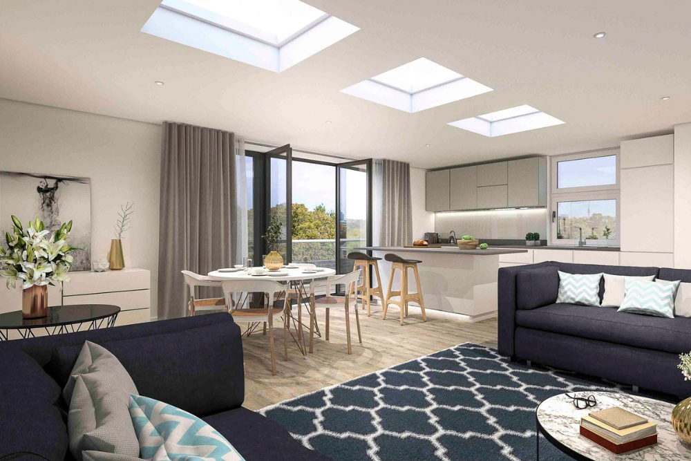 CGI image of living room in Dolphin Bridge House, Uxbridge