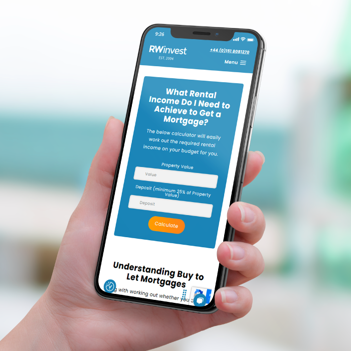 Mockup image showing a hand holding a phone with RWinvest's rental income calculator on the screen
