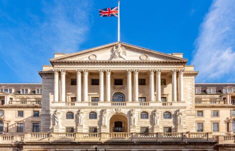 Bank of England building in London, with blue skies