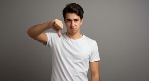 man wearing white shirt doing a thumb down gesture