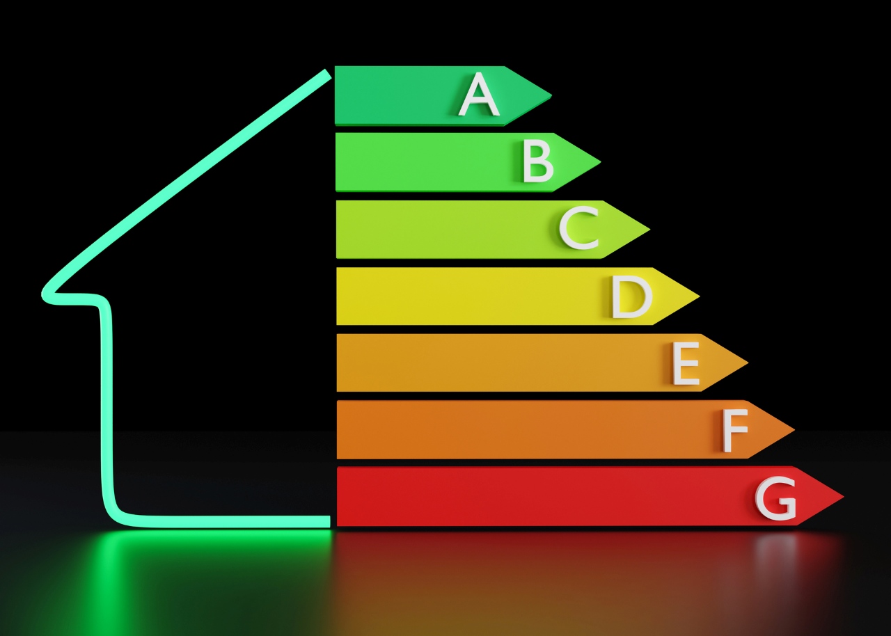 Energy efficiency rating chart and house on black background