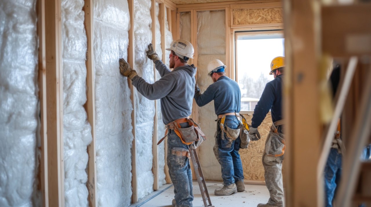 Construction Workers Installing Insulation in a Wall