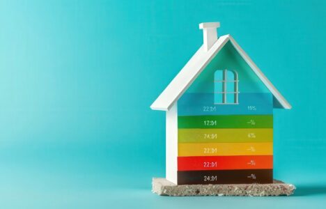 colorful energy efficiency rating chart shaped like a house