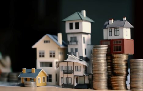 a stock of coins and house real estate and investment concept
