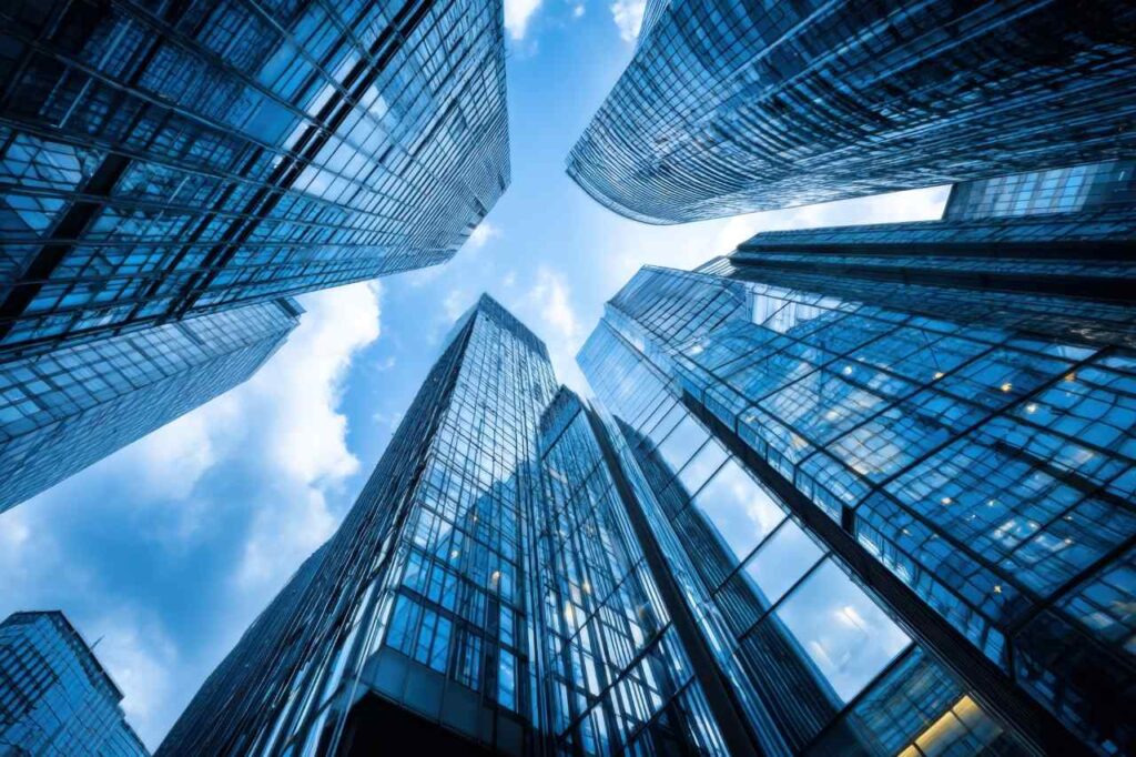 Skyscrapers in a city centre with bright blue skies