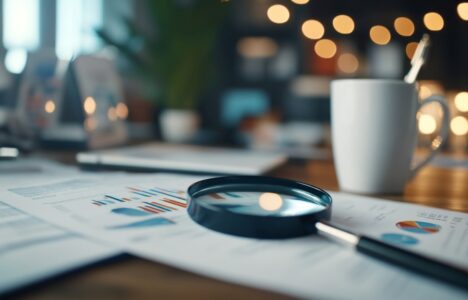 charts and magnifying glass with a cup of coffee on a wooden table