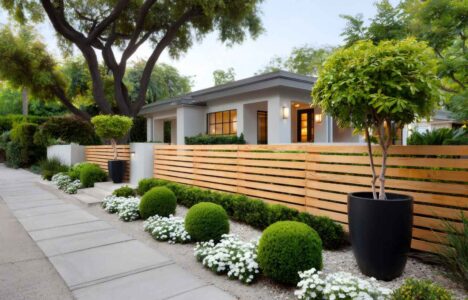 Beautiful modern house with wooden fence and landscaped garden
