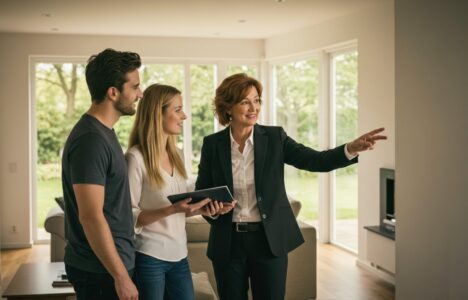 letting agent presents a bright and modern rental property to a young couple