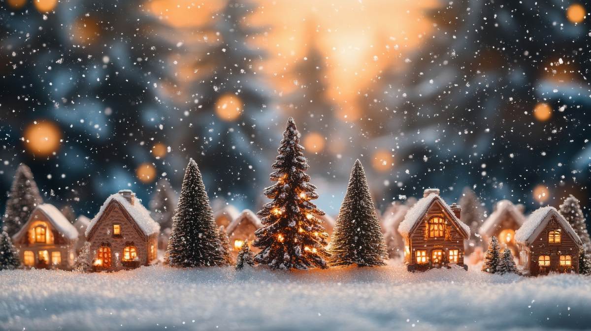 winter village with snow-covered houses and pine trees during the holiday season