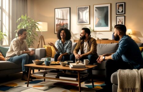 people gathered in a living room of a co living space