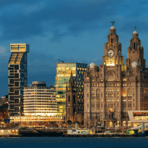 Liverpool skyline with blue sky